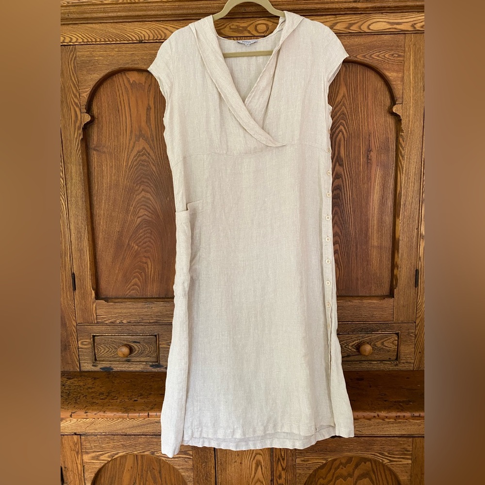 Rodika Zanian Paris 42 S M 6 8 hooded midi dress tan herringbone linen coverup